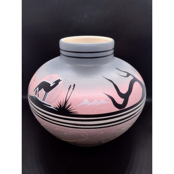 Navajo Wolf Moon Pottery Vase Native American Signed Dr Rice Vintage Handpainted - Picture 1 of 5